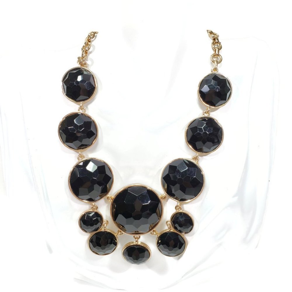 Black Faceted Statement Necklace Gold Tone